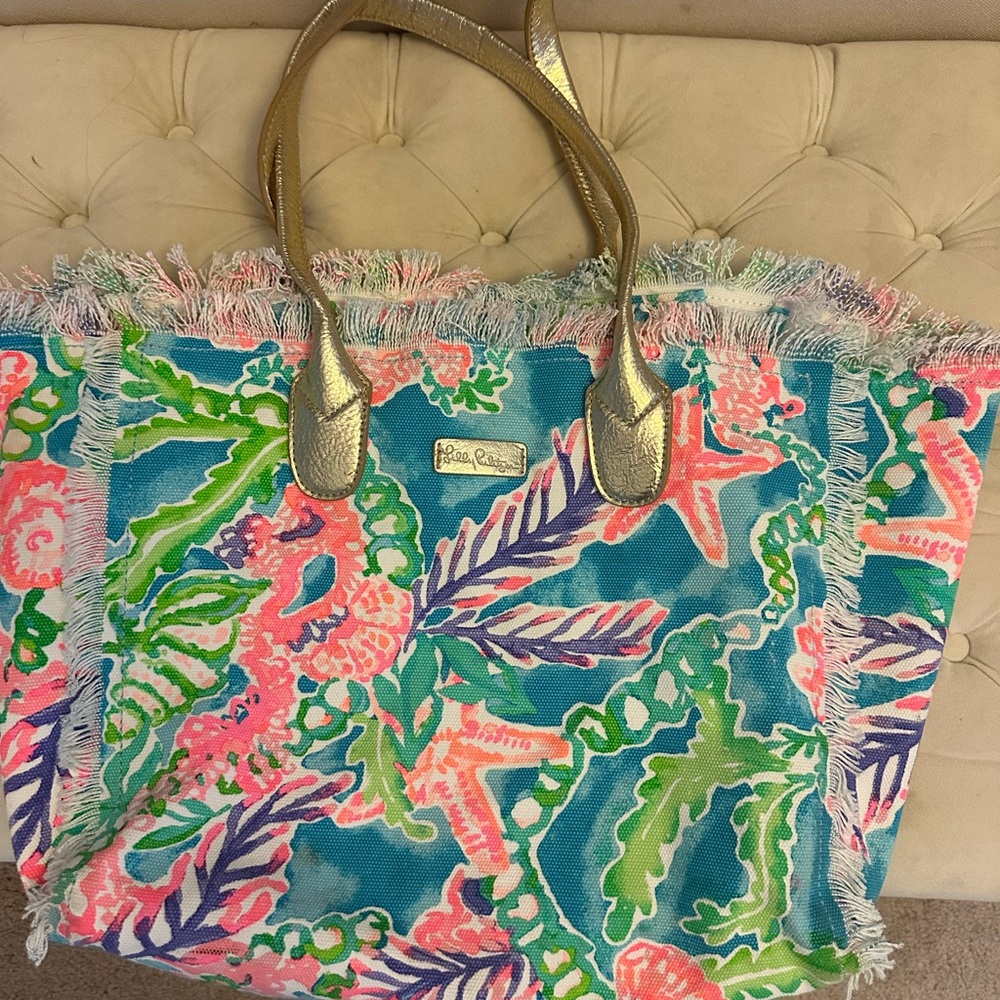 Lilly Pulitzer Vibrant Blue and Pink Tote with Gold Handles